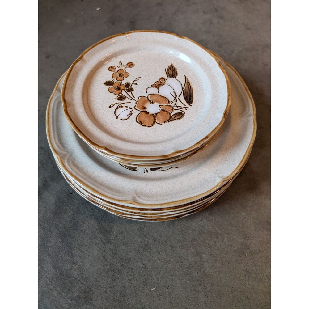 Vintage 70s Hearthside Stoneware Plates Autumn Fair Baroque Floral Japan Speckle